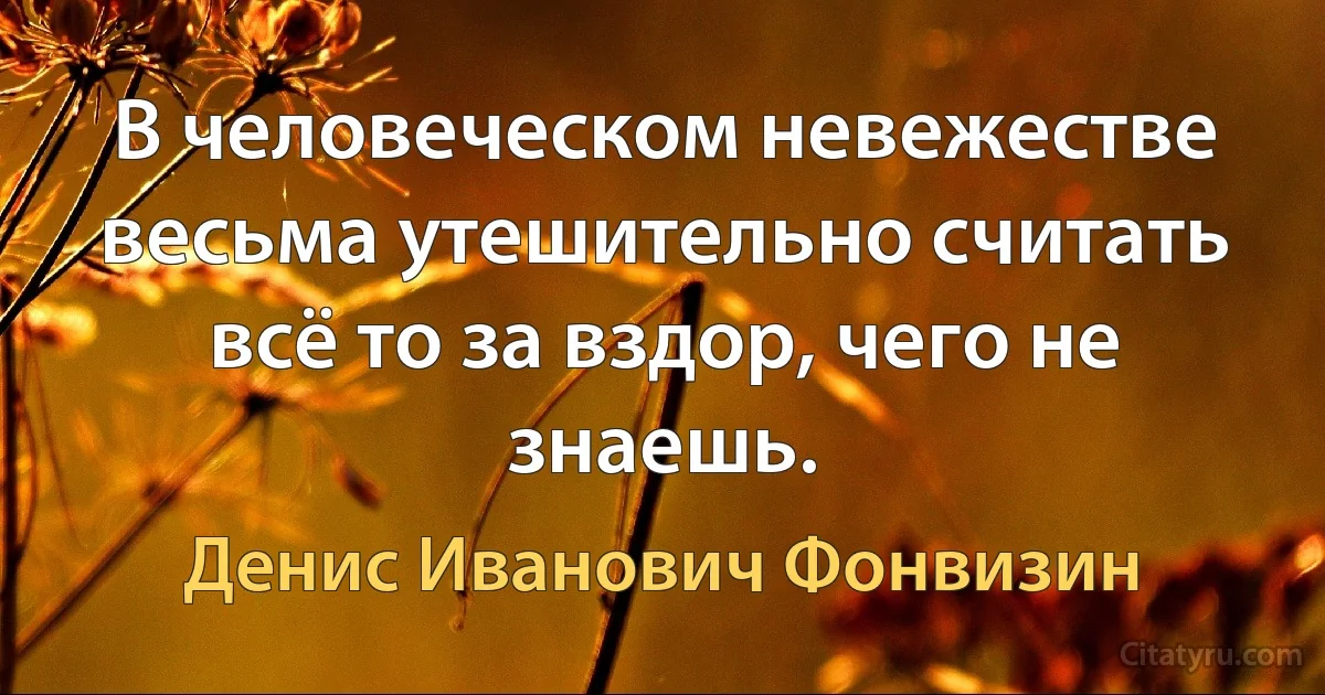 В человеческом невежестве весьма утешительно считать всё то за вздор, чего не знаешь. (Денис Иванович Фонвизин)