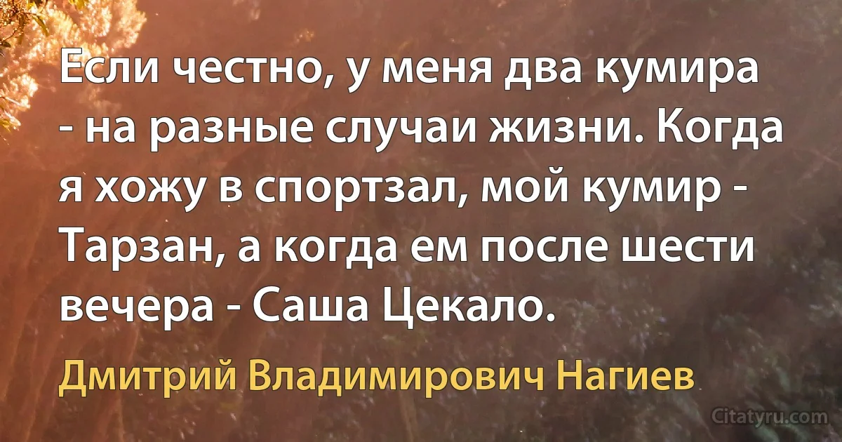 Если честно, у меня два кумира - на разные случаи жизни. Когда я хожу в спортзал, мой кумир - Тарзан, а когда ем после шести вечера - Саша Цекало. (Дмитрий Владимирович Нагиев)