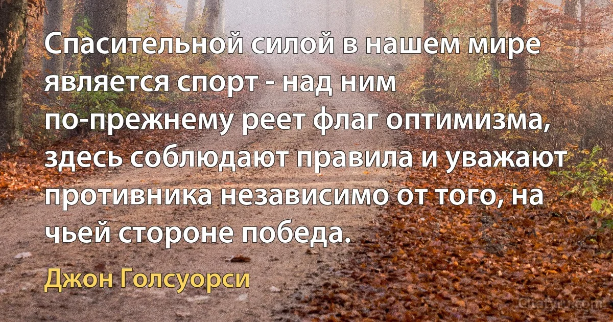 Спасительной силой в нашем мире является спорт - над ним по-прежнему реет флаг оптимизма, здесь соблюдают правила и уважают противника независимо от того, на чьей стороне победа. (Джон Голсуорси)