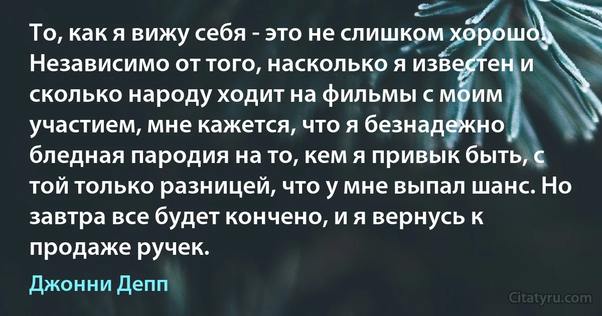 То, как я вижу себя - это не слишком хорошо. Независимо от того, насколько я известен и сколько народу ходит на фильмы с моим участием, мне кажется, что я безнадежно бледная пародия на то, кем я привык быть, с той только разницей, что у мне выпал шанс. Но завтра все будет кончено, и я вернусь к продаже ручек. (Джонни Депп)