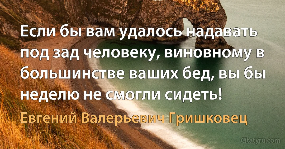 Если бы вам удалось надавать под зад человеку, виновному в большинстве ваших бед, вы бы неделю не смогли сидеть! (Евгений Валерьевич Гришковец)