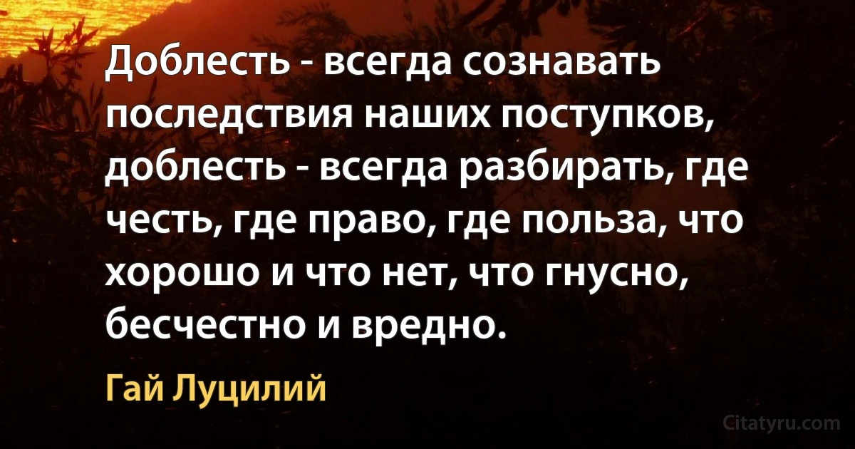 Доблесть - всегда сознавать последствия наших поступков, доблесть - всегда разбирать, где честь, где право, где польза, что хорошо и что нет, что гнусно, бесчестно и вредно. (Гай Луцилий)