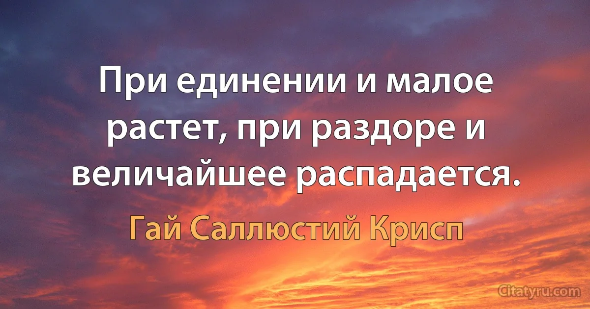 При единении и малое растет, при раздоре и величайшее распадается. (Гай Саллюстий Крисп)