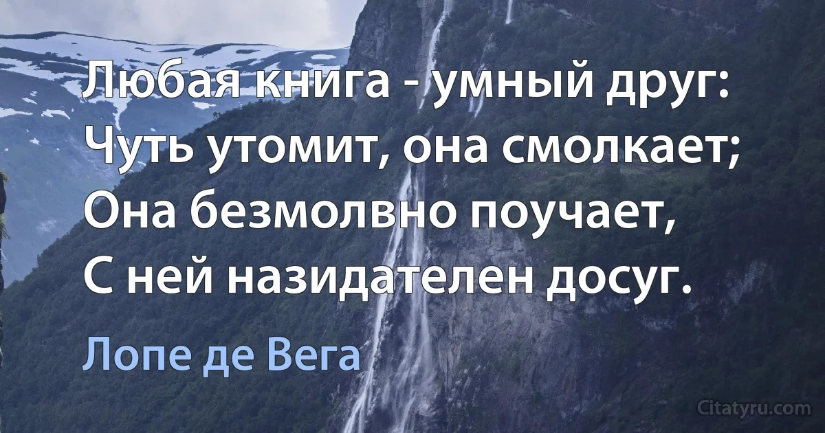 Любая книга - умный друг:
Чуть утомит, она смолкает;
Она безмолвно поучает,
С ней назидателен досуг. (Лопе де Вега)