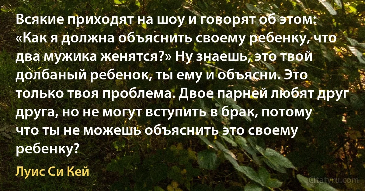 Всякие приходят на шоу и говорят об этом: «Как я должна объяснить своему ребенку, что два мужика женятся?» Ну знаешь, это твой долбаный ребенок, ты ему и объясни. Это только твоя проблема. Двое парней любят друг друга, но не могут вступить в брак, потому что ты не можешь объяснить это своему ребенку? (Луис Си Кей)