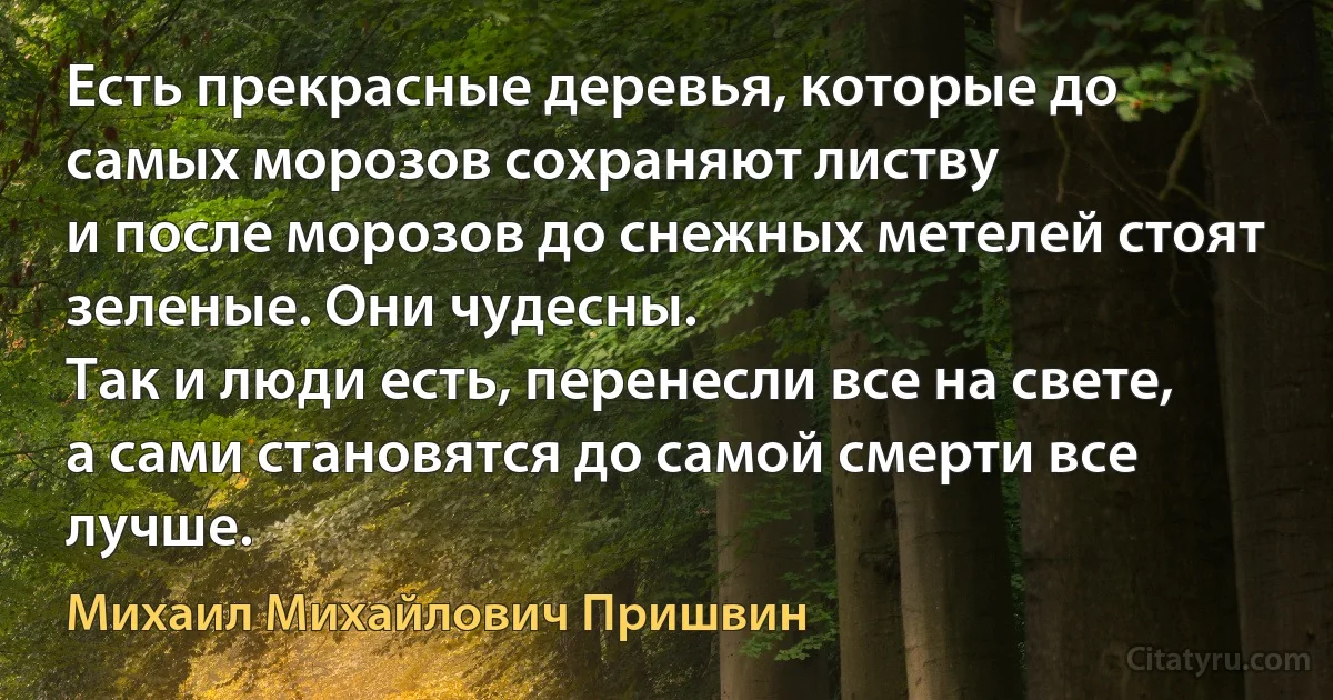 Есть прекрасные деревья, которые до самых морозов сохраняют листву
и после морозов до снежных метелей стоят зеленые. Они чудесны.
Так и люди есть, перенесли все на свете,
а сами становятся до самой смерти все лучше. (Михаил Михайлович Пришвин)