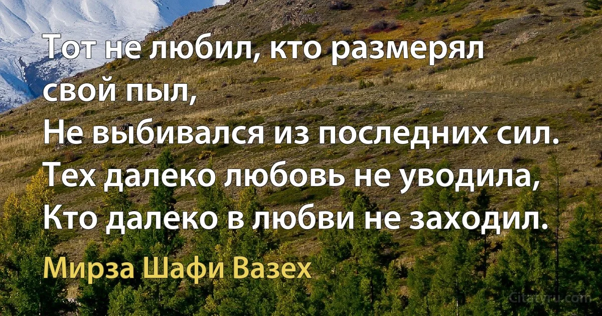 Тот не любил, кто размерял свой пыл,
Не выбивался из последних сил.
Тех далеко любовь не уводила,
Кто далеко в любви не заходил. (Мирза Шафи Вазех)