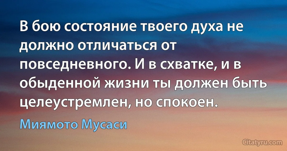 В бою состояние твоего духа не должно отличаться от повседневного. И в схватке, и в обыденной жизни ты должен быть целеустремлен, но спокоен. (Миямото Мусаси)