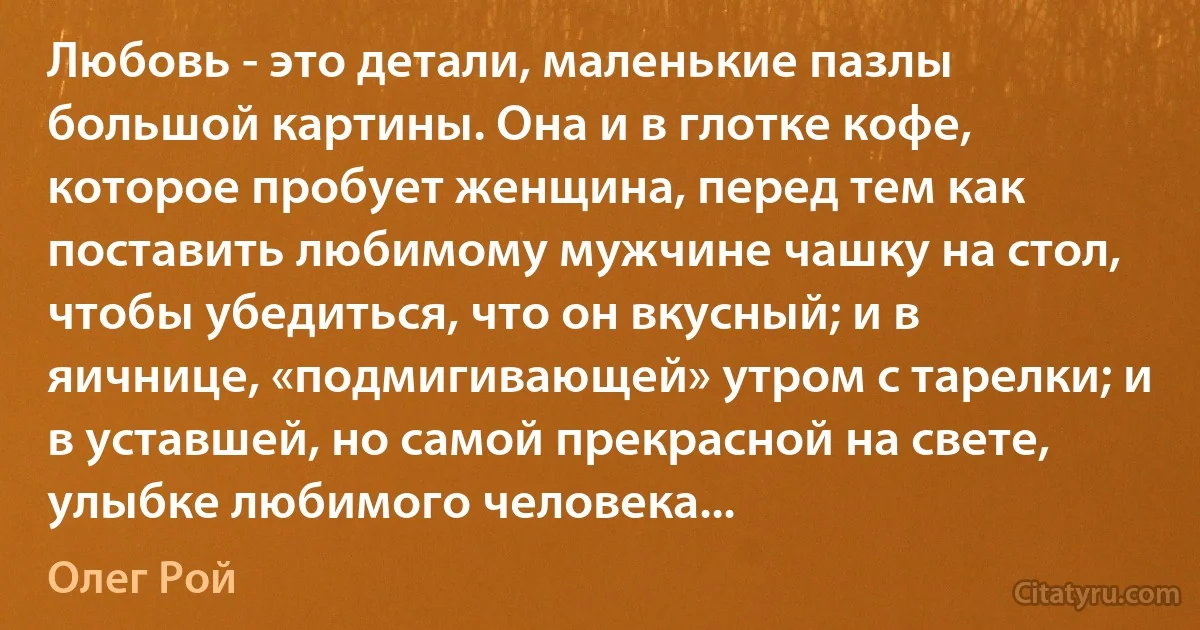 Любовь - это детали, маленькие пазлы большой картины. Она и в глотке кофе, которое пробует женщина, перед тем как поставить любимому мужчине чашку на стол, чтобы убедиться, что он вкусный; и в яичнице, «подмигивающей» утром с тарелки; и в уставшей, но самой прекрасной на свете, улыбке любимого человека... (Олег Рой)