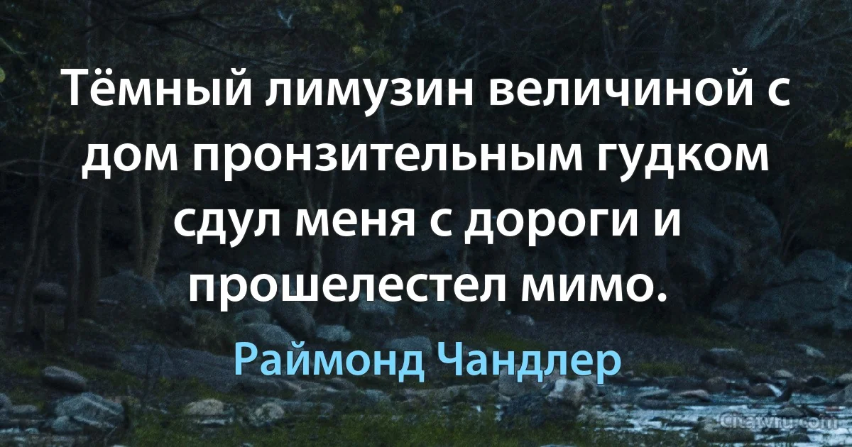 Тёмный лимузин величиной с дом пронзительным гудком сдул меня с дороги и прошелестел мимо. (Раймонд Чандлер)