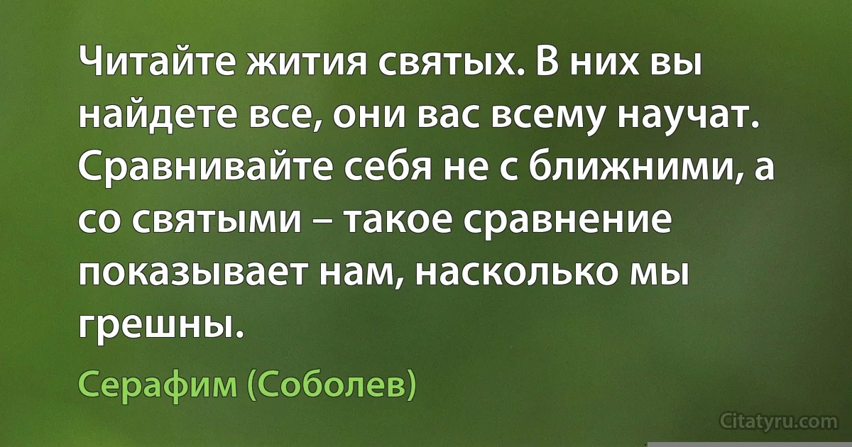 Читайте жития святых. В них вы найдете все, они вас всему научат. Сравнивайте себя не с ближними, а со святыми – такое сравнение показывает нам, насколько мы грешны. (Серафим (Соболев))