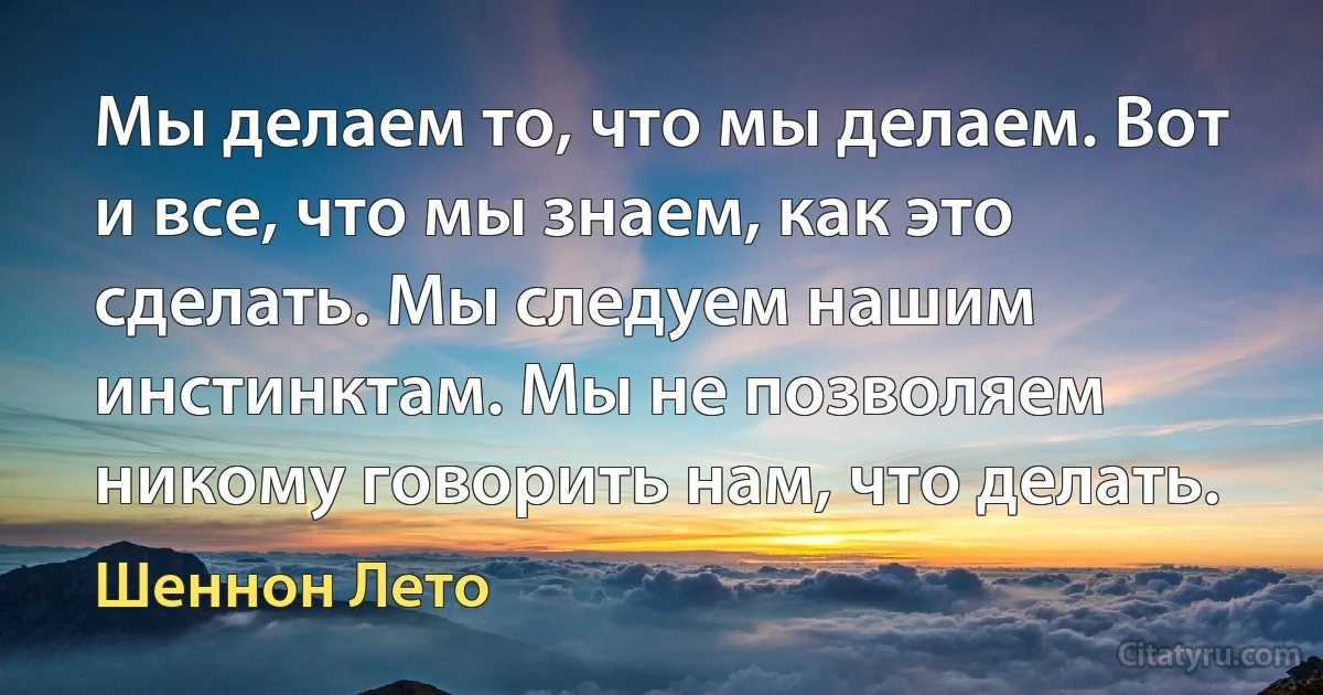 Мы делаем то, что мы делаем. Вот и все, что мы знаем, как это сделать. Мы следуем нашим инстинктам. Мы не позволяем никому говорить нам, что делать. (Шеннон Лето)