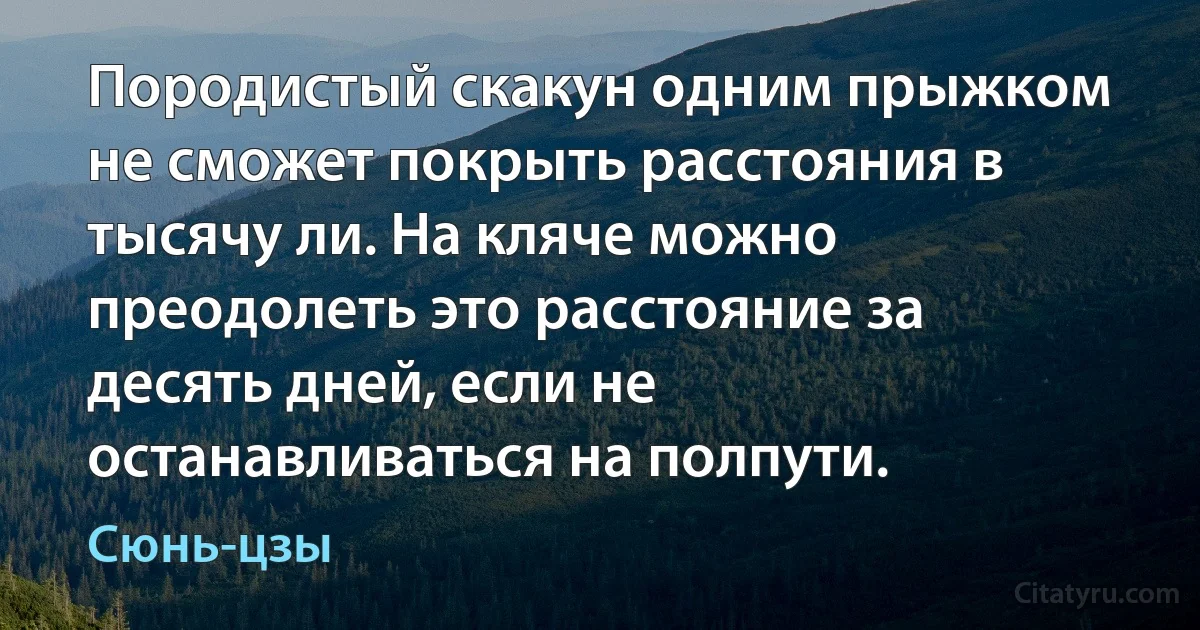 Породистый скакун одним прыжком не сможет покрыть расстояния в тысячу ли. На кляче можно преодолеть это расстояние за десять дней, если не останавливаться на полпути. (Сюнь-цзы)