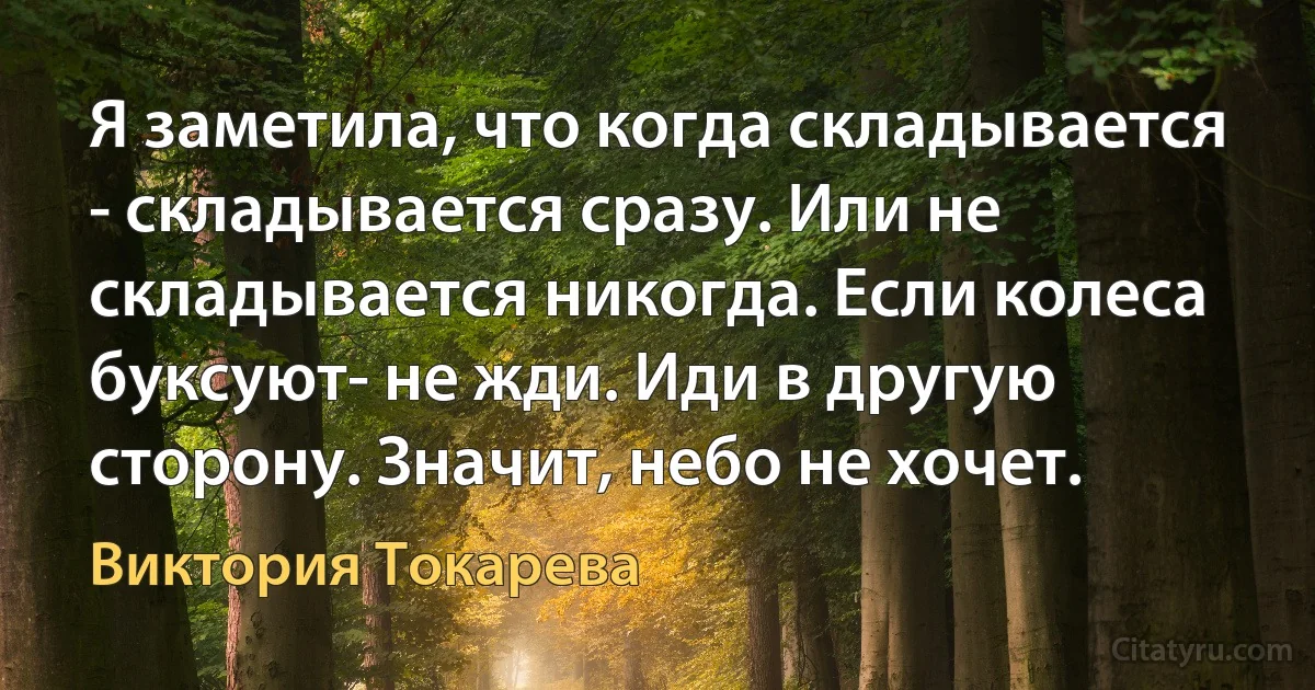 Я заметила, что когда складывается - складывается сразу. Или не складывается никогда. Если колеса буксуют- не жди. Иди в другую сторону. Значит, небо не хочет. (Виктория Токарева)