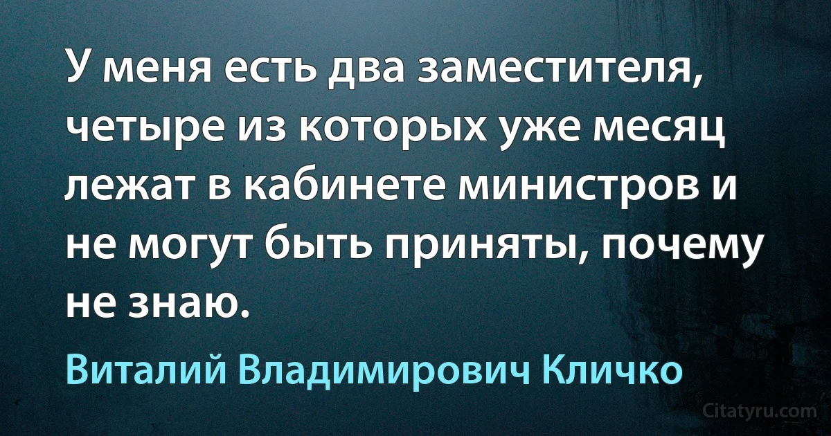 У меня есть два заместителя, четыре из которых уже месяц лежат в кабинете министров и не могут быть приняты, почему не знаю. (Виталий Владимирович Кличко)