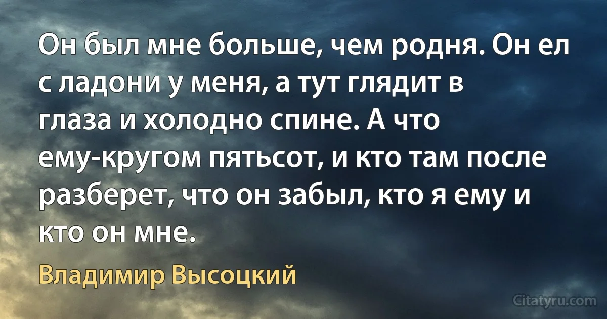 Он был мне больше, чем родня. Он ел с ладони у меня, а тут глядит в глаза и холодно спине. А что ему-кругом пятьсот, и кто там после разберет, что он забыл, кто я ему и кто он мне. (Владимир Высоцкий)