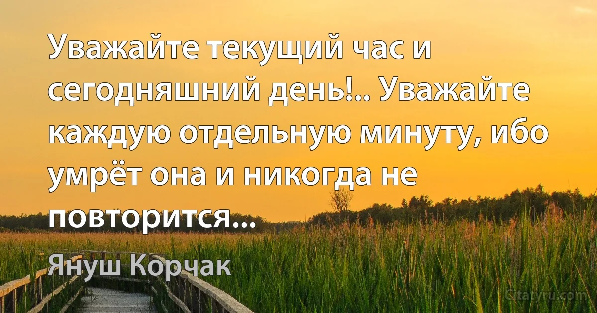 Уважайте текущий час и сегодняшний день!.. Уважайте каждую отдельную минуту, ибо умрёт она и никогда не повторится... (Януш Корчак)