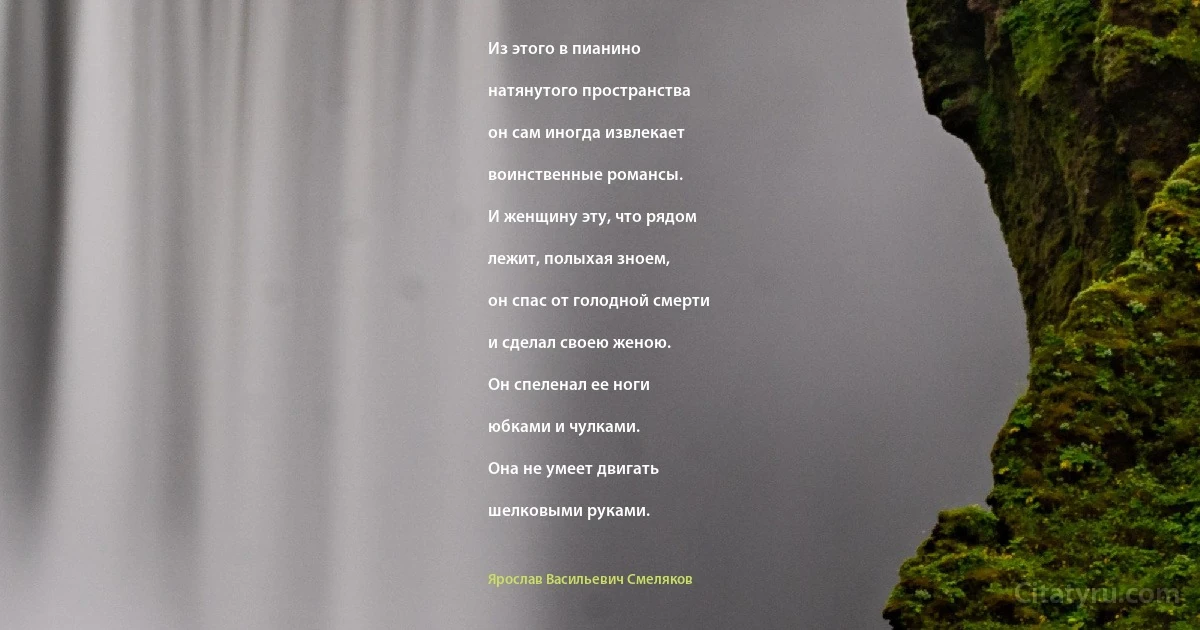 Из этого в пианино

натянутого пространства

он сам иногда извлекает

воинственные романсы.

И женщину эту, что рядом

лежит, полыхая зноем,

он спас от голодной смерти

и сделал своею женою.

Он спеленал ее ноги

юбками и чулками.

Она не умеет двигать

шелковыми руками. (Ярослав Васильевич Смеляков)