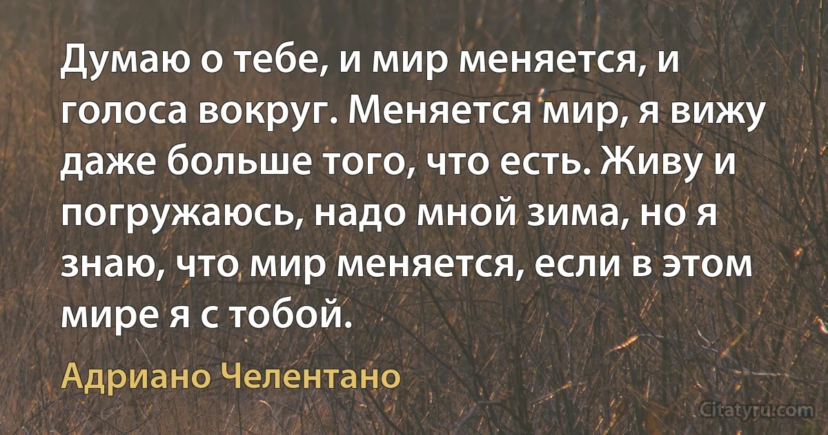 Думаю о тебе, и мир меняется, и голоса вокруг. Меняется мир, я вижу даже больше того, что есть. Живу и погружаюсь, надо мной зима, но я знаю, что мир меняется, если в этом мире я с тобой. (Адриано Челентано)