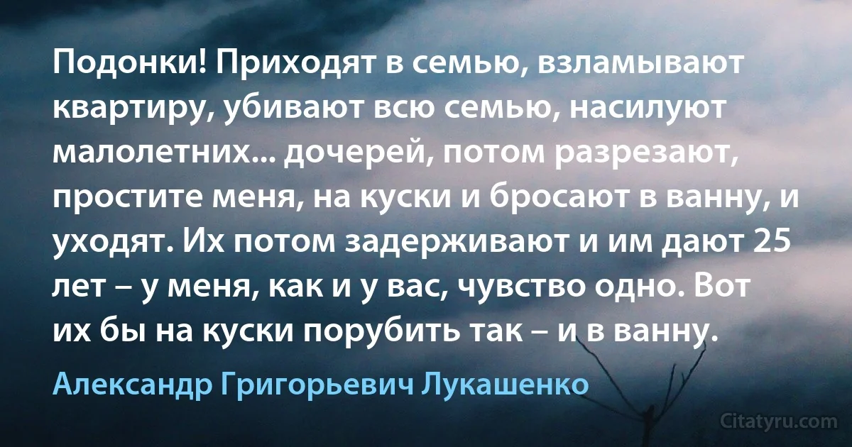 Подонки! Приходят в семью, взламывают квартиру, убивают всю семью, насилуют малолетних... дочерей, потом разрезают, простите меня, на куски и бросают в ванну, и уходят. Их потом задерживают и им дают 25 лет – у меня, как и у вас, чувство одно. Вот их бы на куски порубить так – и в ванну. (Александр Григорьевич Лукашенко)