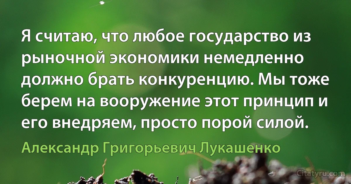 Я считаю, что любое государство из рыночной экономики немедленно должно брать конкуренцию. Мы тоже берем на вооружение этот принцип и его внедряем, просто порой силой. (Александр Григорьевич Лукашенко)