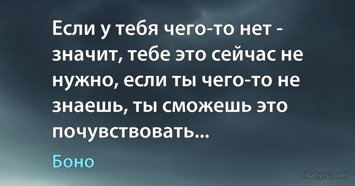 Если у тебя чего-то нет - значит, тебе это сейчас не нужно, если ты чего-то не знаешь, ты сможешь это почувствовать... (Боно)