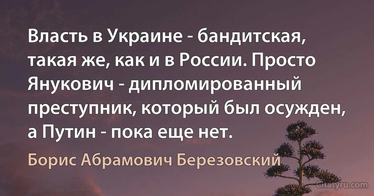 Власть в Украине - бандитская, такая же, как и в России. Просто Янукович - дипломированный преступник, который был осужден, а Путин - пока еще нет. (Борис Абрамович Березовский)