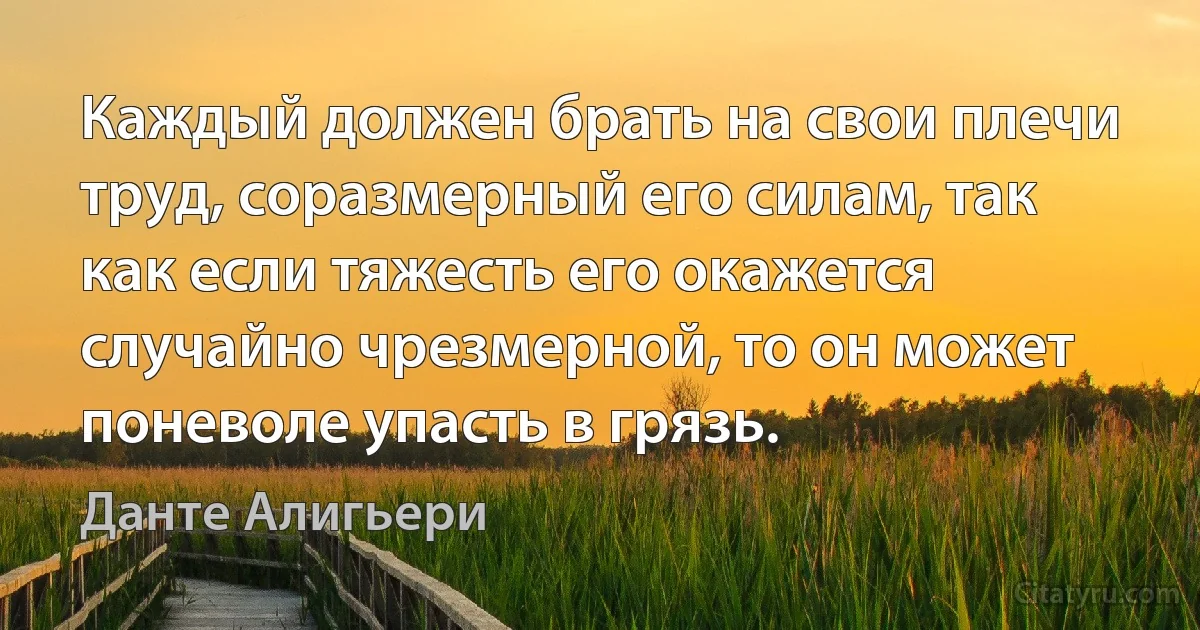 Каждый должен брать на свои плечи труд, соразмерный его силам, так как если тяжесть его окажется случайно чрезмерной, то он может поневоле упасть в грязь. (Данте Алигьери)