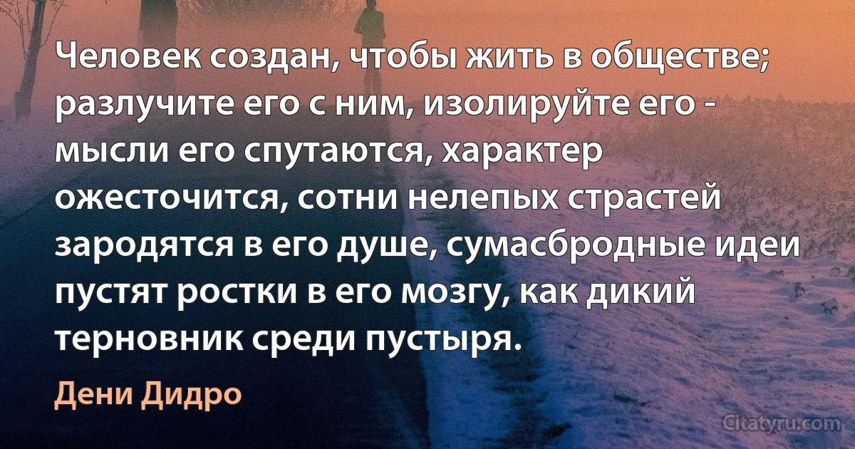 Человек создан, чтобы жить в обществе; разлучите его с ним, изолируйте его - мысли его спутаются, характер ожесточится, сотни нелепых страстей зародятся в его душе, сумасбродные идеи пустят ростки в его мозгу, как дикий терновник среди пустыря. (Дени Дидро)