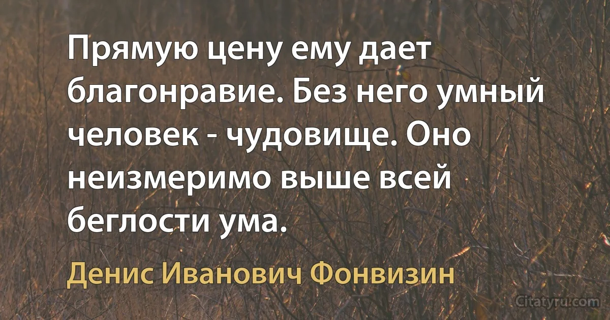 Прямую цену ему дает благонравие. Без него умный человек - чудовище. Оно неизмеримо выше всей беглости ума. (Денис Иванович Фонвизин)