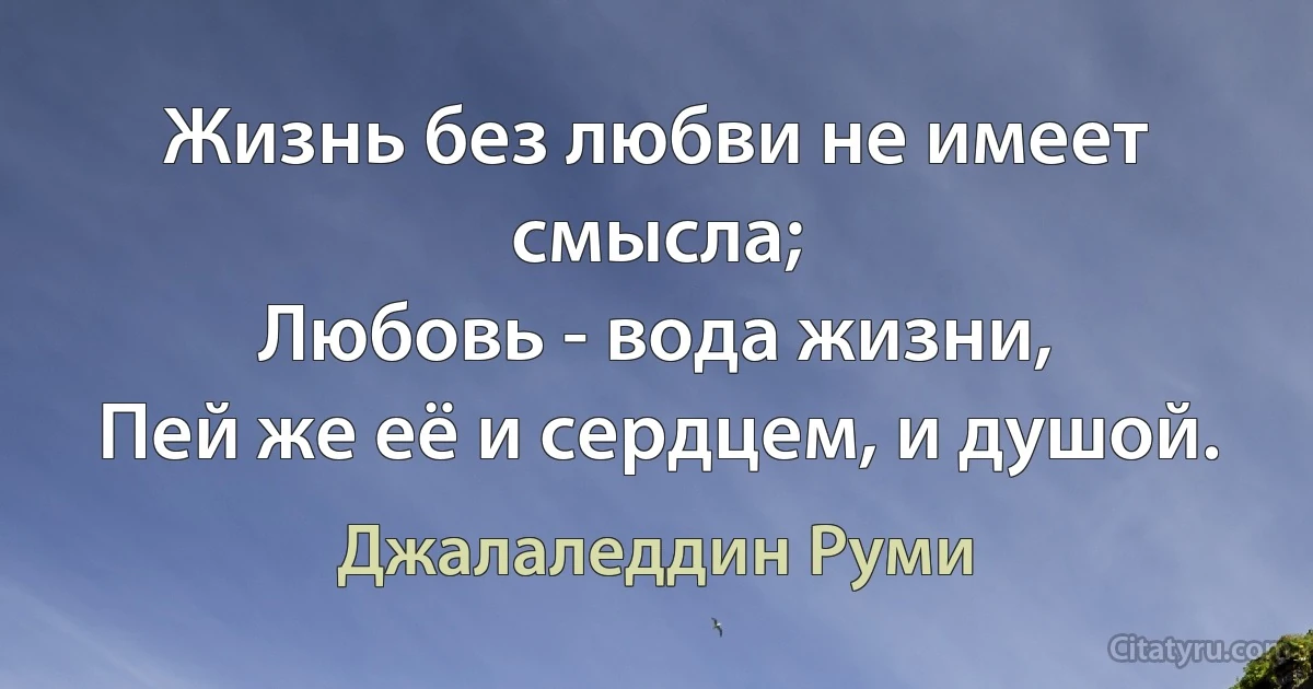 Жизнь без любви не имеет смысла;
Любовь - вода жизни,
Пей же её и сердцем, и душой. (Джалаледдин Руми)