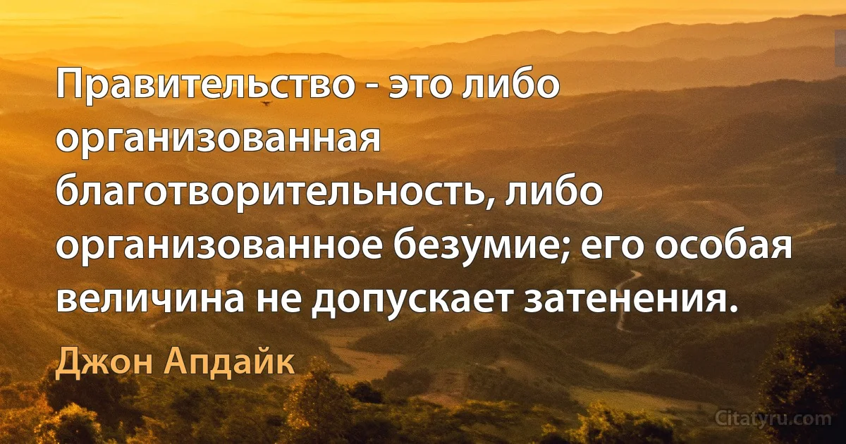 Правительство - это либо организованная благотворительность, либо организованное безумие; его особая величина не допускает затенения. (Джон Апдайк)