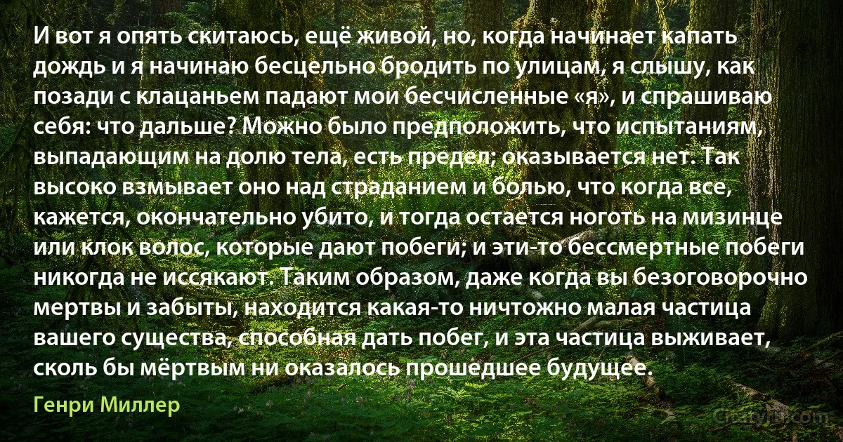 И вот я опять скитаюсь, ещё живой, но, когда начинает капать дождь и я начинаю бесцельно бродить по улицам, я слышу, как позади с клацаньем падают мои бесчисленные «я», и спрашиваю себя: что дальше? Можно было предположить, что испытаниям, выпадающим на долю тела, есть предел; оказывается нет. Так высоко взмывает оно над страданием и болью, что когда все, кажется, окончательно убито, и тогда остается ноготь на мизинце или клок волос, которые дают побеги; и эти-то бессмертные побеги никогда не иссякают. Таким образом, даже когда вы безоговорочно мертвы и забыты, находится какая-то ничтожно малая частица вашего существа, способная дать побег, и эта частица выживает, сколь бы мёртвым ни оказалось прошедшее будущее. (Генри Миллер)