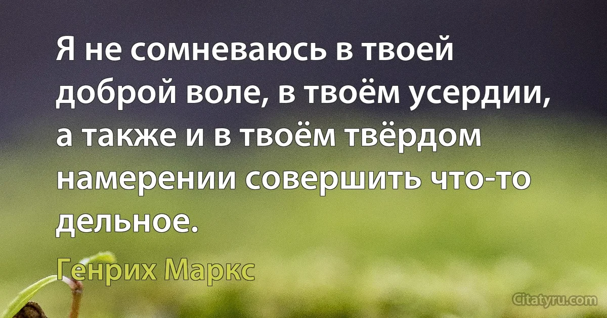 Я не сомневаюсь в твоей доброй воле, в твоём усердии, а также и в твоём твёрдом намерении совершить что-то дельное. (Генрих Маркс)