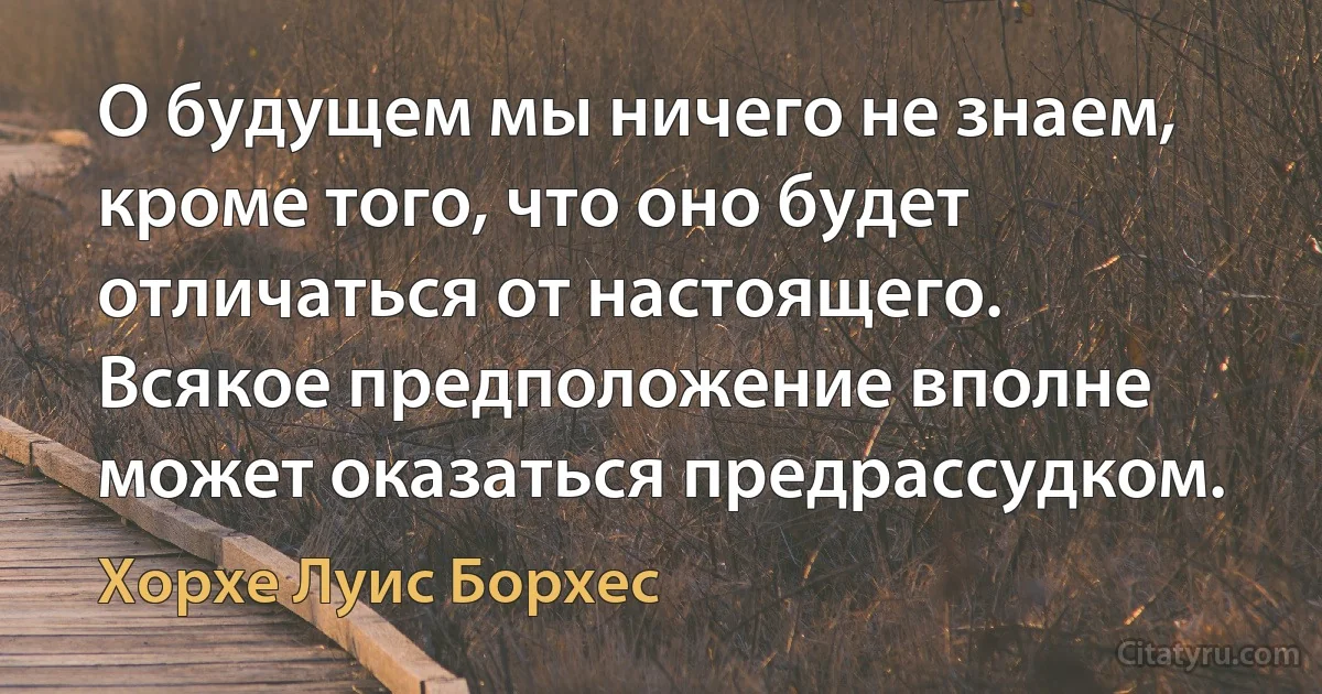 О будущем мы ничего не знаем, кроме того, что оно будет отличаться от настоящего. Всякое предположение вполне может оказаться предрассудком. (Хорхе Луис Борхес)