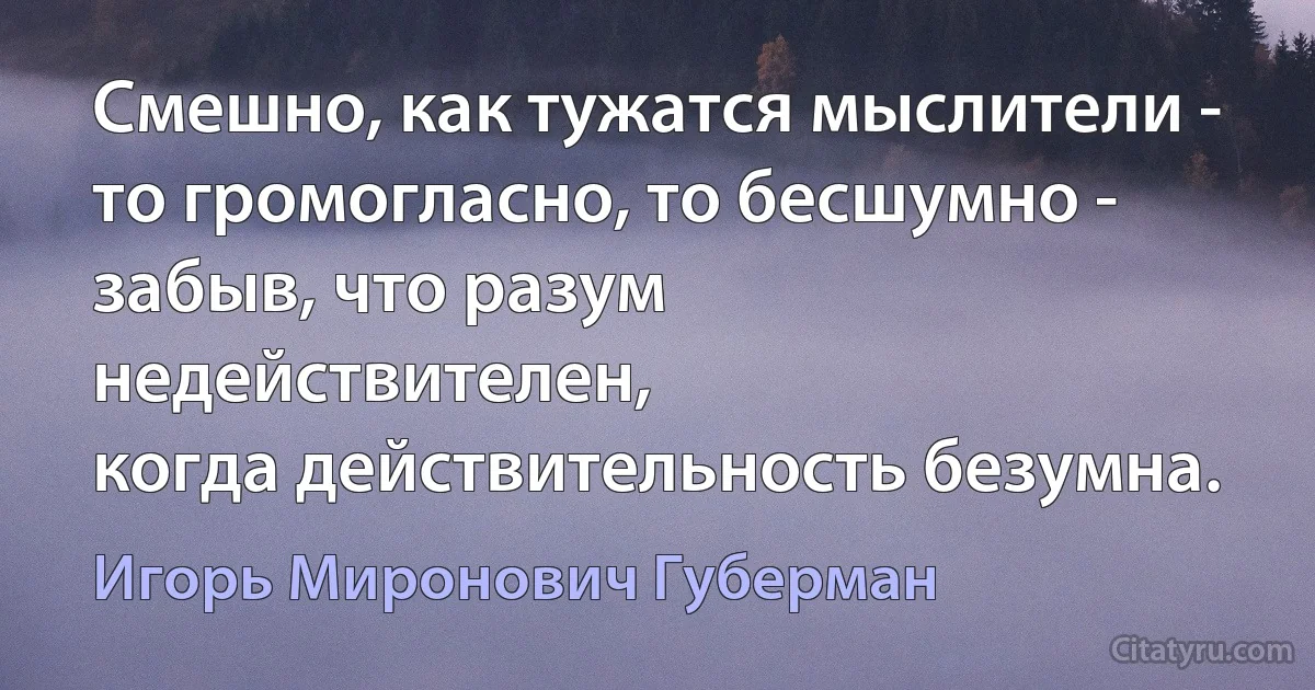 Смешно, как тужатся мыслители -
то громогласно, то бесшумно -
забыв, что разум недействителен,
когда действительность безумна. (Игорь Миронович Губерман)