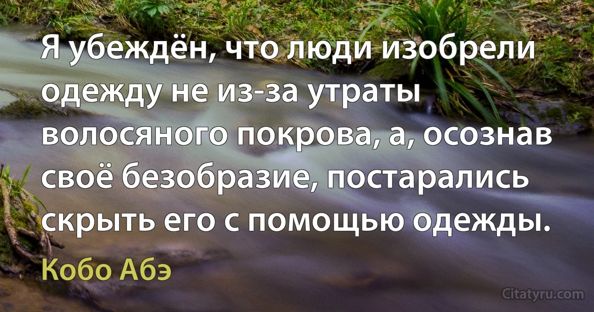 Я убеждён, что люди изобрели одежду не из-за утраты волосяного покрова, а, осознав своё безобразие, постарались скрыть его с помощью одежды. (Кобо Абэ)