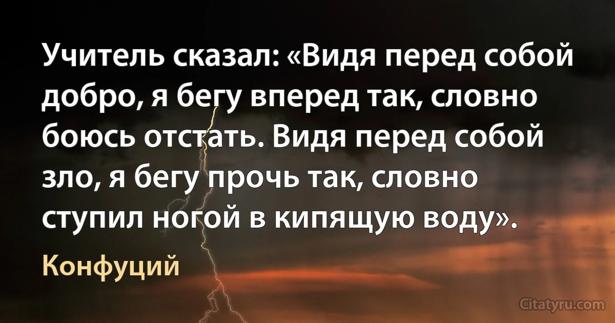 Учитель сказал: «Видя перед собой добро, я бегу вперед так, словно боюсь отстать. Видя перед собой зло, я бегу прочь так, словно ступил ногой в кипящую воду». (Конфуций)