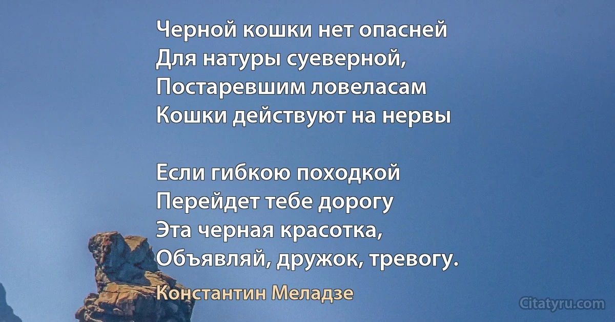 Черной кошки нет опасней
Для натуры суеверной,
Постаревшим ловеласам
Кошки действуют на нервы

Если гибкою походкой
Перейдет тебе дорогу
Эта черная красотка,
Объявляй, дружок, тревогу. (Константин Меладзе)