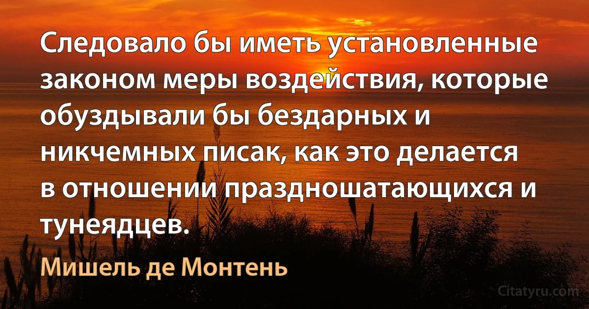 Следовало бы иметь установленные законом меры воздействия, которые обуздывали бы бездарных и никчемных писак, как это делается в отношении праздношатающихся и тунеядцев. (Мишель де Монтень)