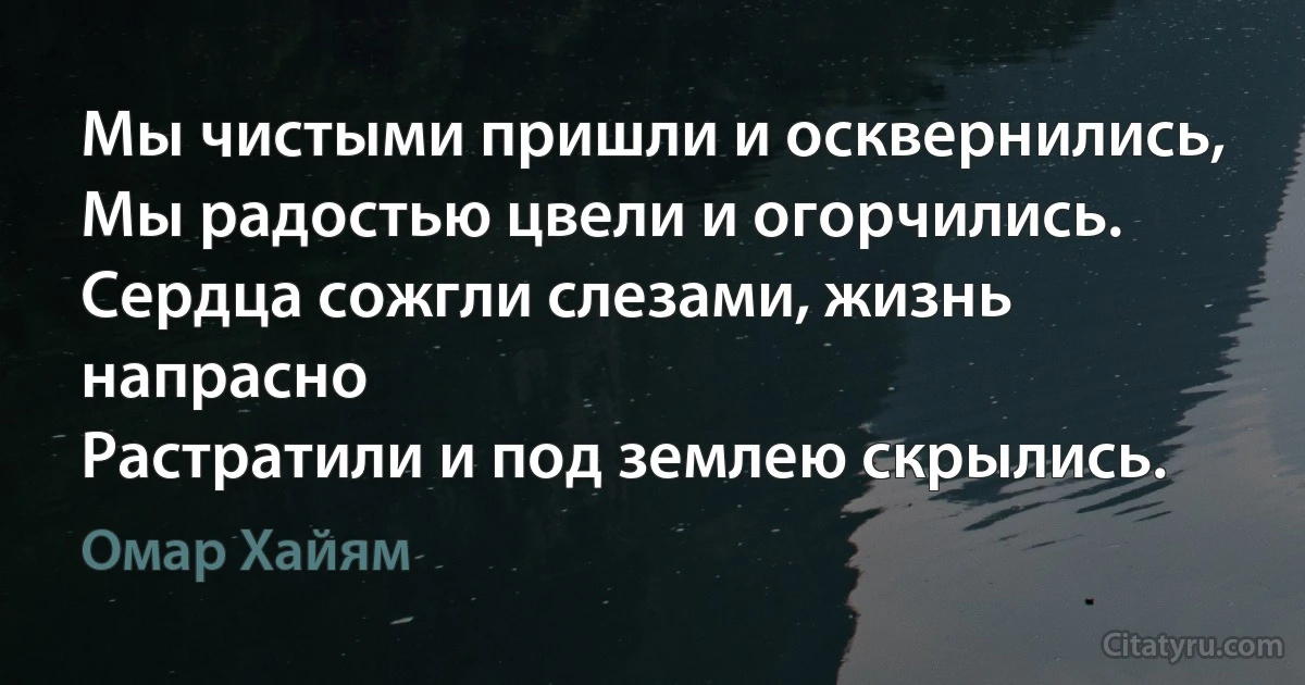 Мы чистыми пришли и осквернились,
Мы радостью цвели и огорчились.
Сердца сожгли слезами, жизнь напрасно
Растратили и под землею скрылись. (Омар Хайям)