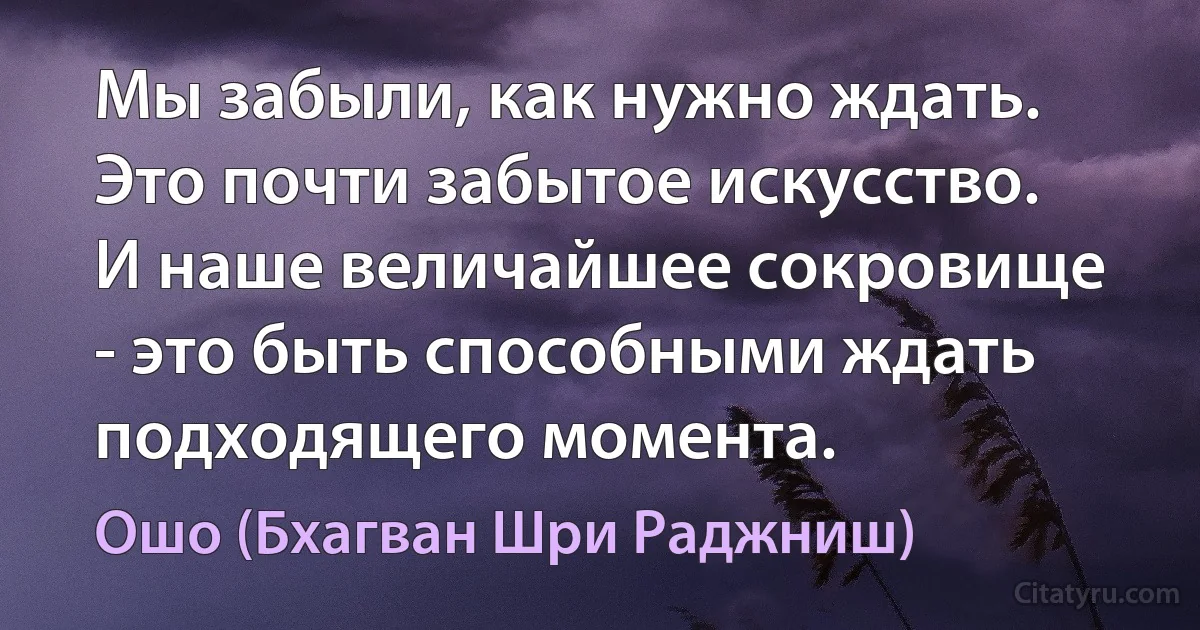 Мы забыли, как нужно ждать. Это почти забытое искусство. И наше величайшее сокровище - это быть способными ждать подходящего момента. (Ошо (Бхагван Шри Раджниш))