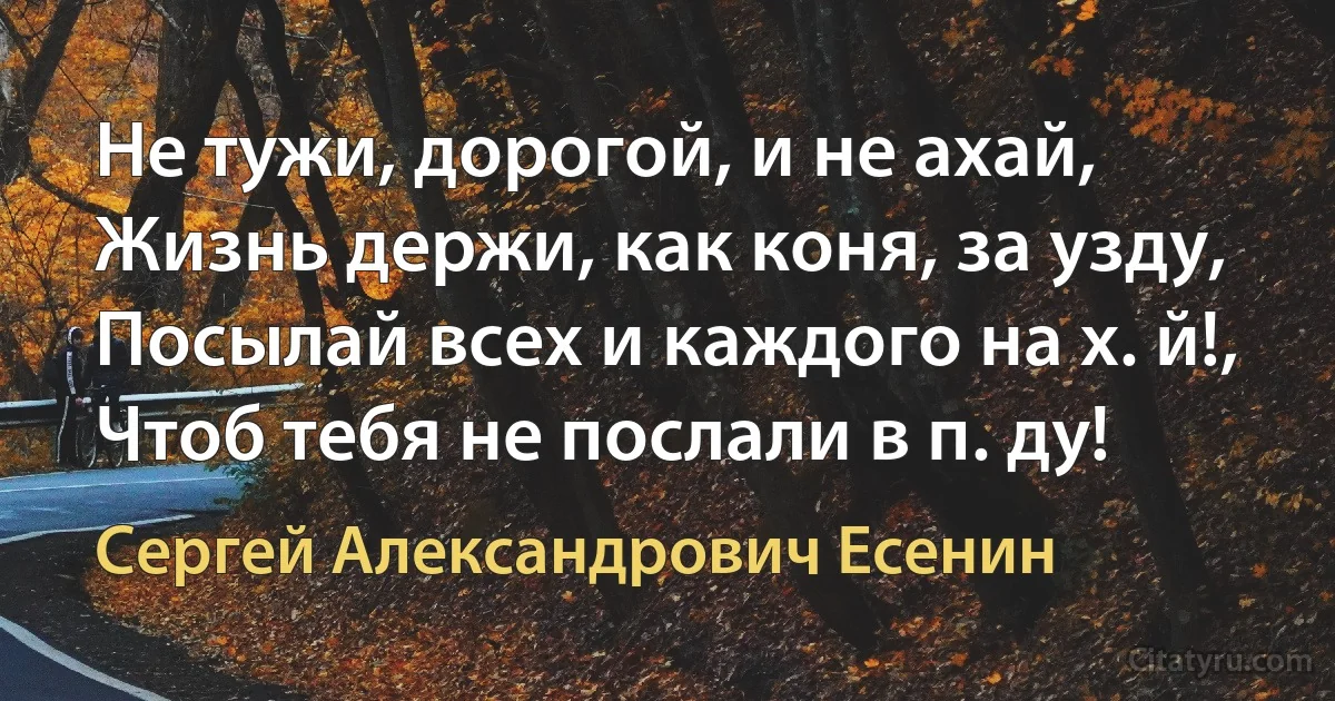 Не тужи, дорогой, и не ахай,
Жизнь держи, как коня, за узду,
Посылай всех и каждого на х. й!,
Чтоб тебя не послали в п. ду! (Сергей Александрович Есенин)