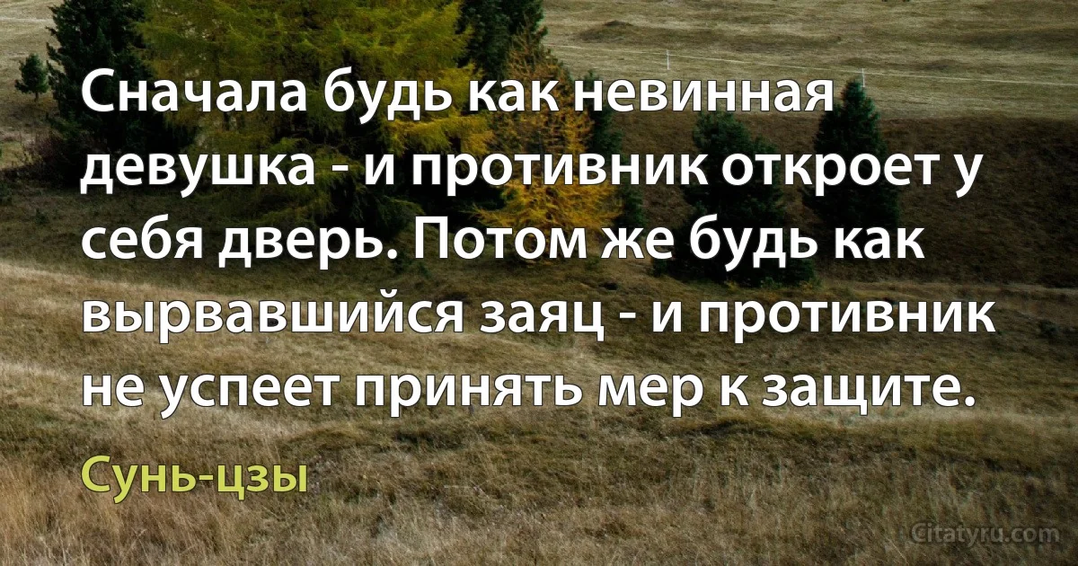 Сначала будь как невинная девушка - и противник откроет у себя дверь. Потом же будь как вырвавшийся заяц - и противник не успеет принять мер к защите. (Сунь-цзы)