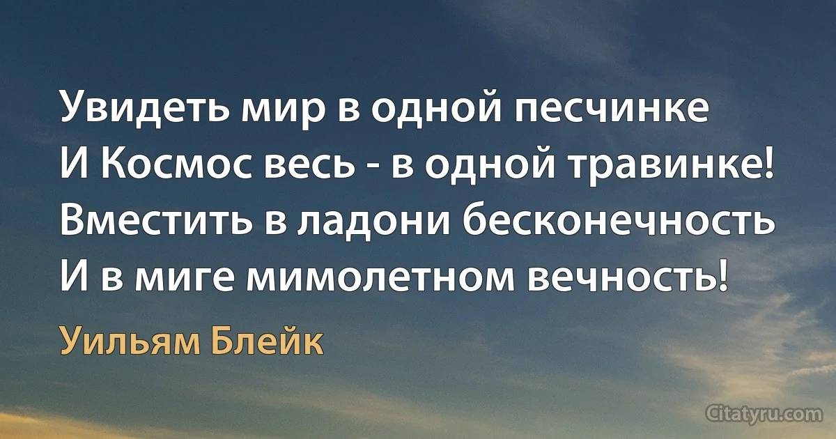 Увидеть мир в одной песчинке
И Космос весь - в одной травинке!
Вместить в ладони бесконечность
И в миге мимолетном вечность! (Уильям Блейк)