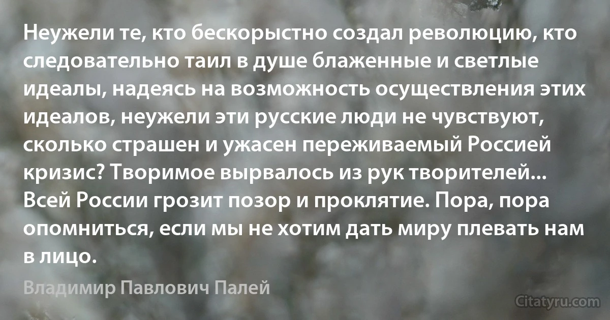 Неужели те, кто бескорыстно создал революцию, кто следовательно таил в душе блаженные и светлые идеалы, надеясь на возможность осуществления этих идеалов, неужели эти русские люди не чувствуют, сколько страшен и ужасен переживаемый Россией кризис? Творимое вырвалось из рук творителей... Всей России грозит позор и проклятие. Пора, пора опомниться, если мы не хотим дать миру плевать нам в лицо. (Владимир Павлович Палей)