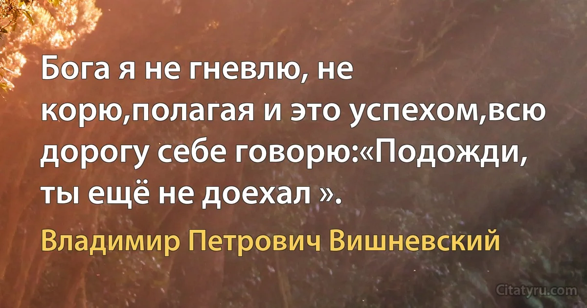 Бога я не гневлю, не корю,полагая и это успехом,всю дорогу себе говорю:«Подожди, ты ещё не доехал ». (Владимир Петрович Вишневский)