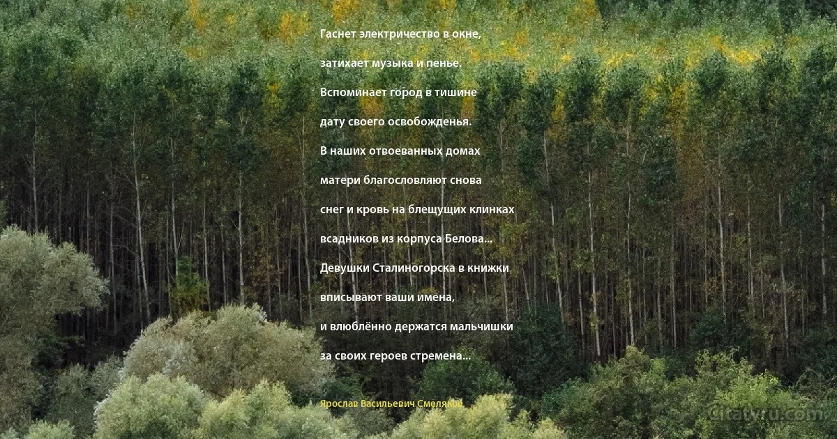 Гаснет электричество в окне,

затихает музыка и пенье.

Вспоминает город в тишине

дату своего освобожденья.

В наших отвоеванных домах

матери благословляют снова

снег и кровь на блещущих клинках

всадников из корпуса Белова...

Девушки Сталиногорска в книжки

вписывают ваши имена,

и влюблённо держатся мальчишки

за своих героев стремена... (Ярослав Васильевич Смеляков)