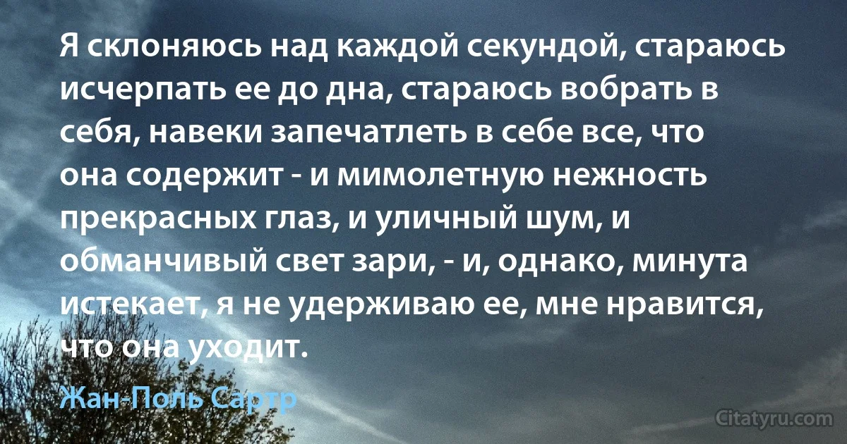 Я склоняюсь над каждой секундой, стараюсь исчерпать ее до дна, стараюсь вобрать в себя, навеки запечатлеть в себе все, что она содержит - и мимолетную нежность прекрасных глаз, и уличный шум, и обманчивый свет зари, - и, однако, минута истекает, я не удерживаю ее, мне нравится, что она уходит. (Жан-Поль Сартр)